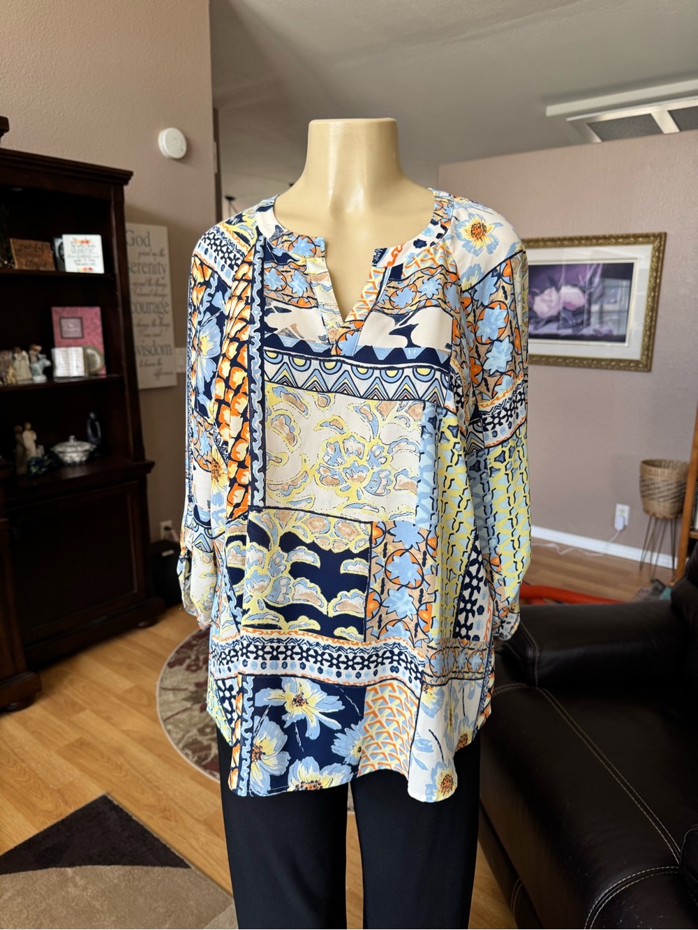 Chico's multicolored patchwork print flowy, silky V-neck blouse-size L